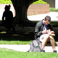 Photo of student sitting outside studying.