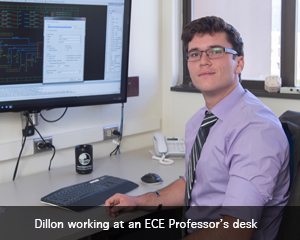 photo of dillon acker-james at a professor's desk