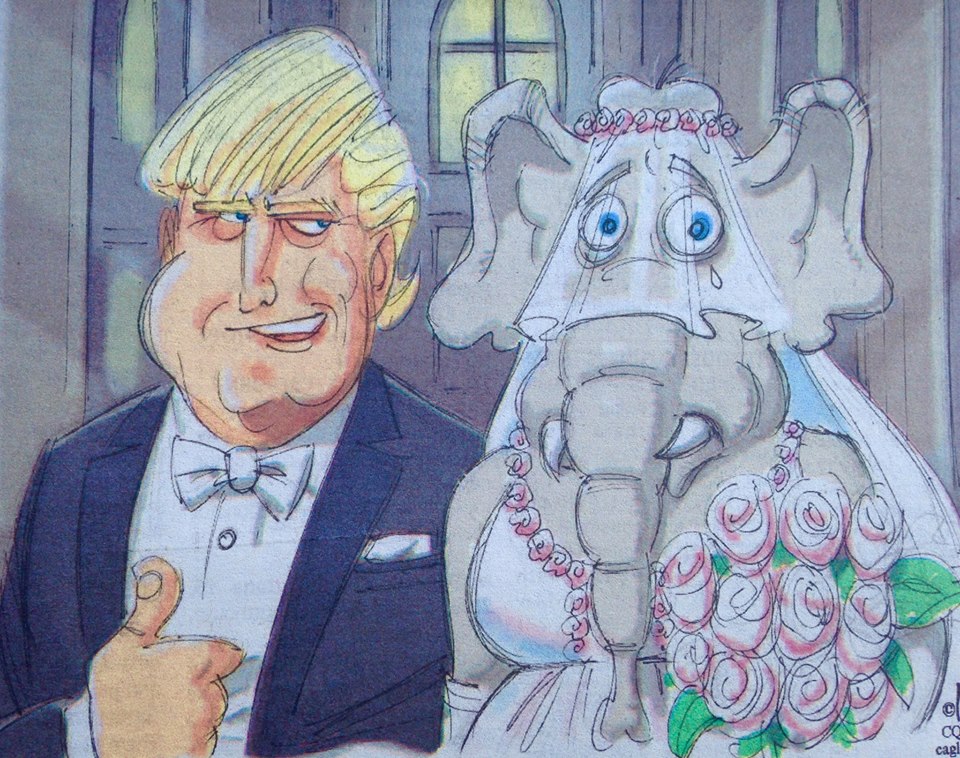 Cartoon showing the marriage of Trump and the GOP mascot