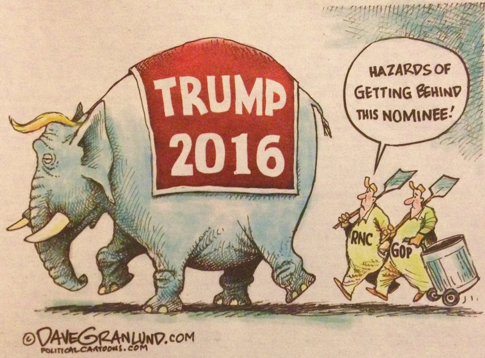 Cartoon showing GOP and RNC cleaning up after the Trump-2016 elephant