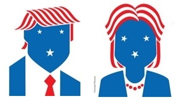 Cartoonish image of Trump and Clinton in US flag colors