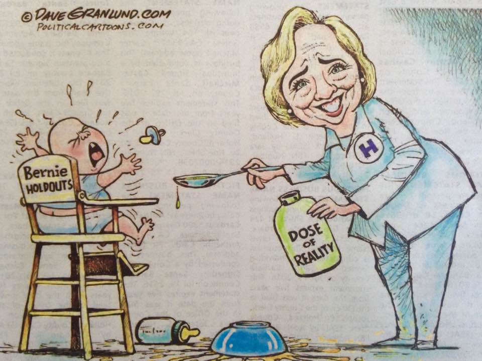 Cartoon: Hillary Clinton shown feeding a whining Sanders supporter a dose of reality