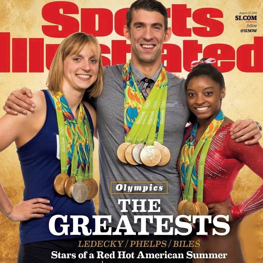 Ledecky, Phelps, and Biles with their Olympics gold medals on the cover of 'Sports Illustrated'