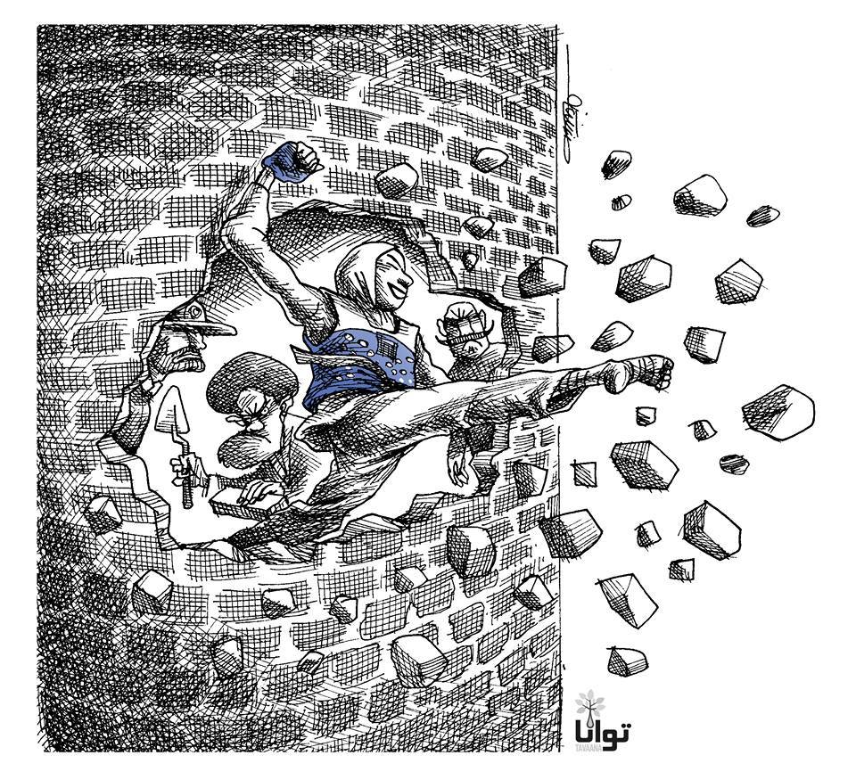 Cartoon depicting the first-ever woman to win an Olympics medal for Iran