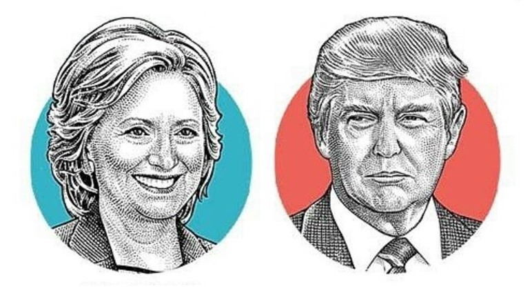 Line drawing of Clinton and Trump portraits