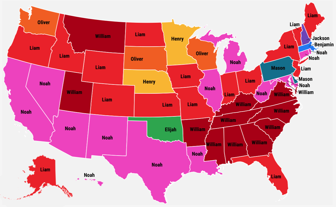 US map, with the most popular boys' name for each state
