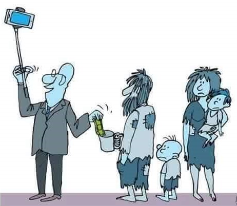 Cartoon showing a man taking a selfie as he donates money to the needy
