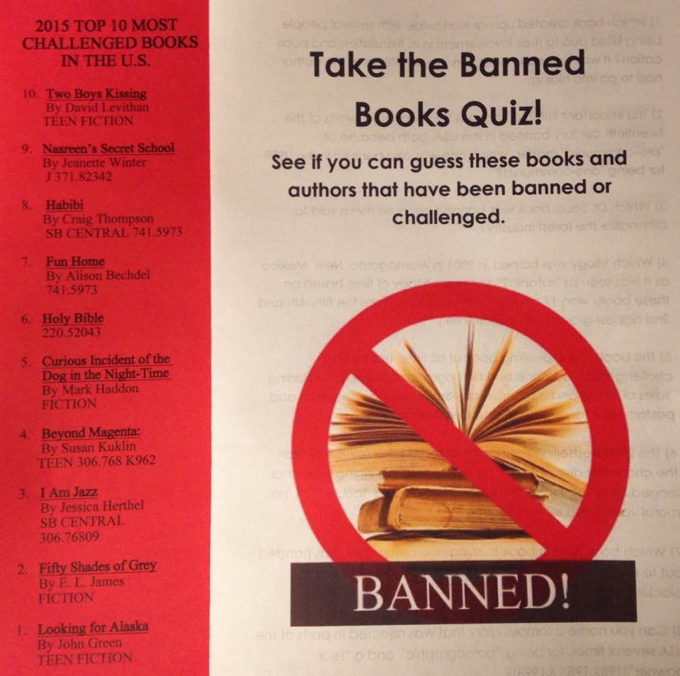 Bookmark and pamphlet given out at the Goleta Public Library during a lecture on banned books