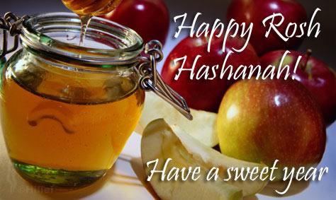 Image showing Jewish New Year goodies: apples, honey, and pomegranates