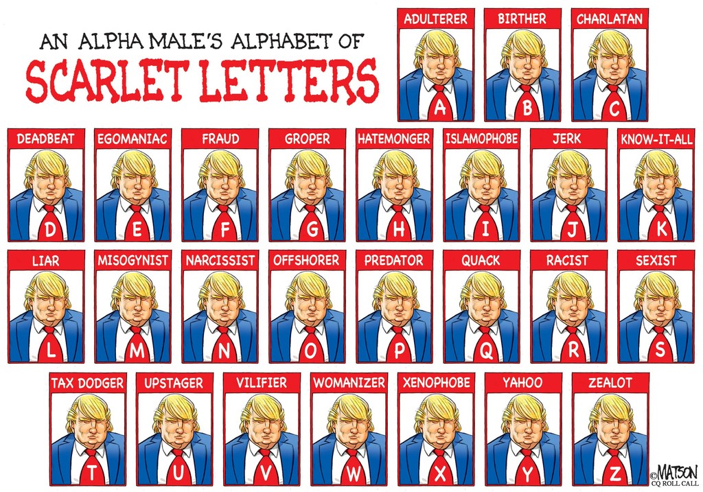 Cartoon captioned 'An alpha male's scarlet letters'