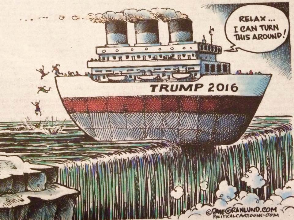 Cartoon showing Trump's campaign ship about to go over a waterfall