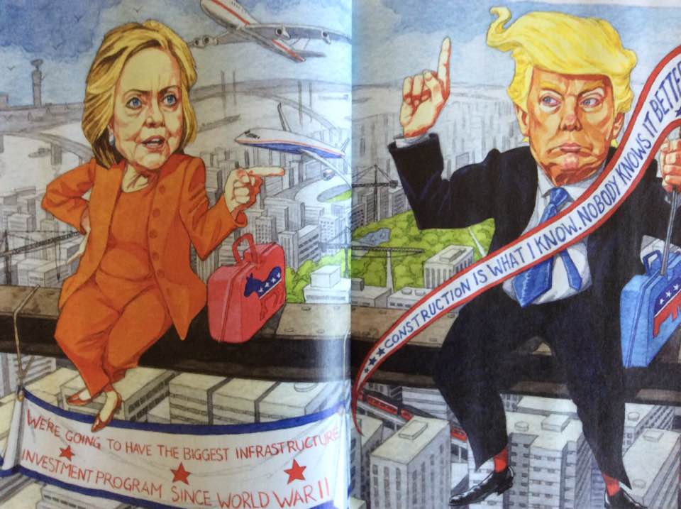 Cartoon of candidates Clinton and Trump sitting on a girder