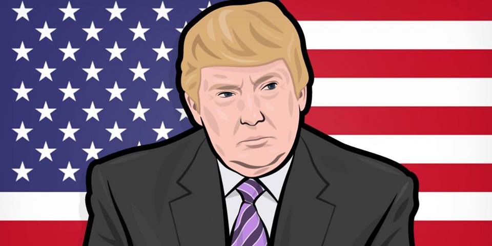 Sketch portrait of Donald Trump with an American flag in the background