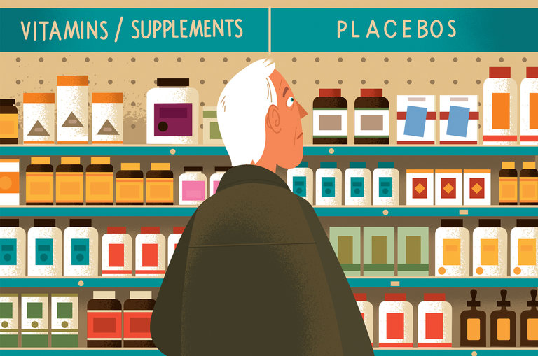 Cartoon showing supplements and pacebos on store shelves