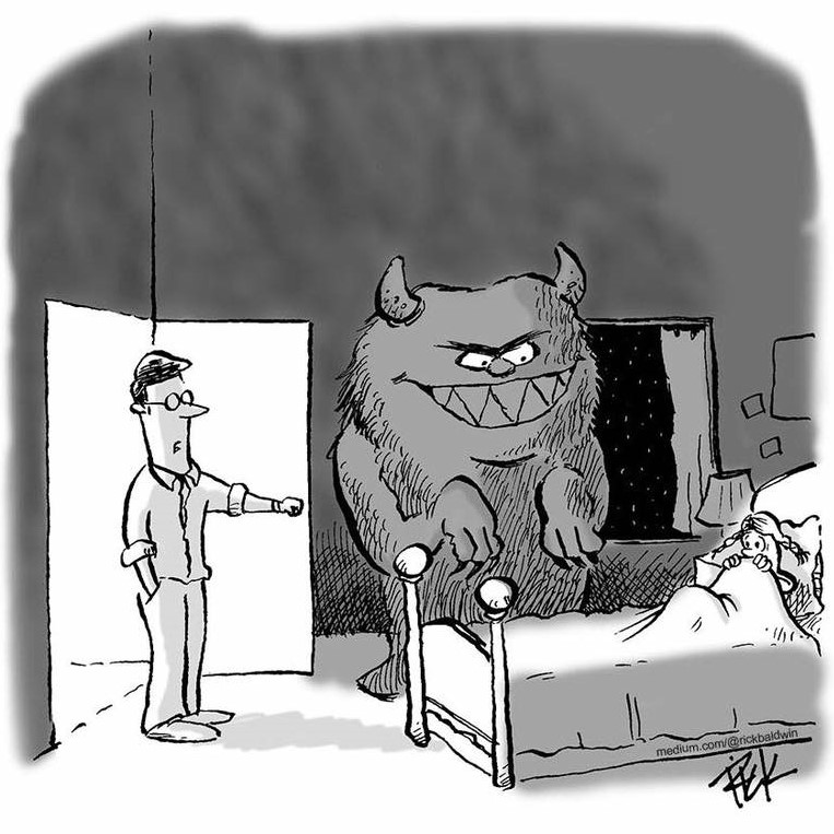 Cartoon, showing a monster in a girl's bedroom