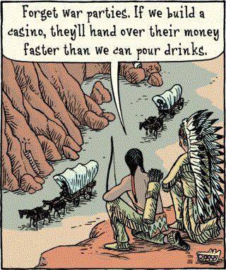 Cartoon about Native Americans pondering building a casino over going to war 
