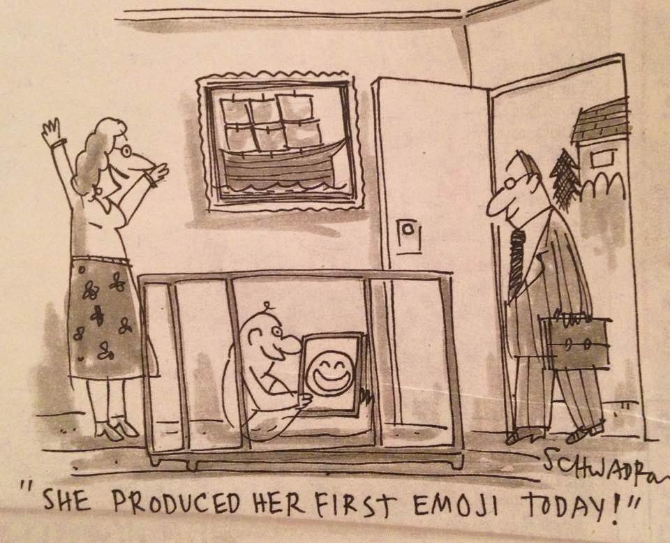 Cartoon about a baby having produced her first emoji