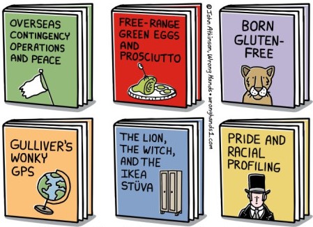 Cartoon showing humorous titles for updated classics