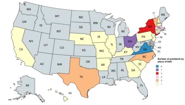 Map of birth states of US Presidents