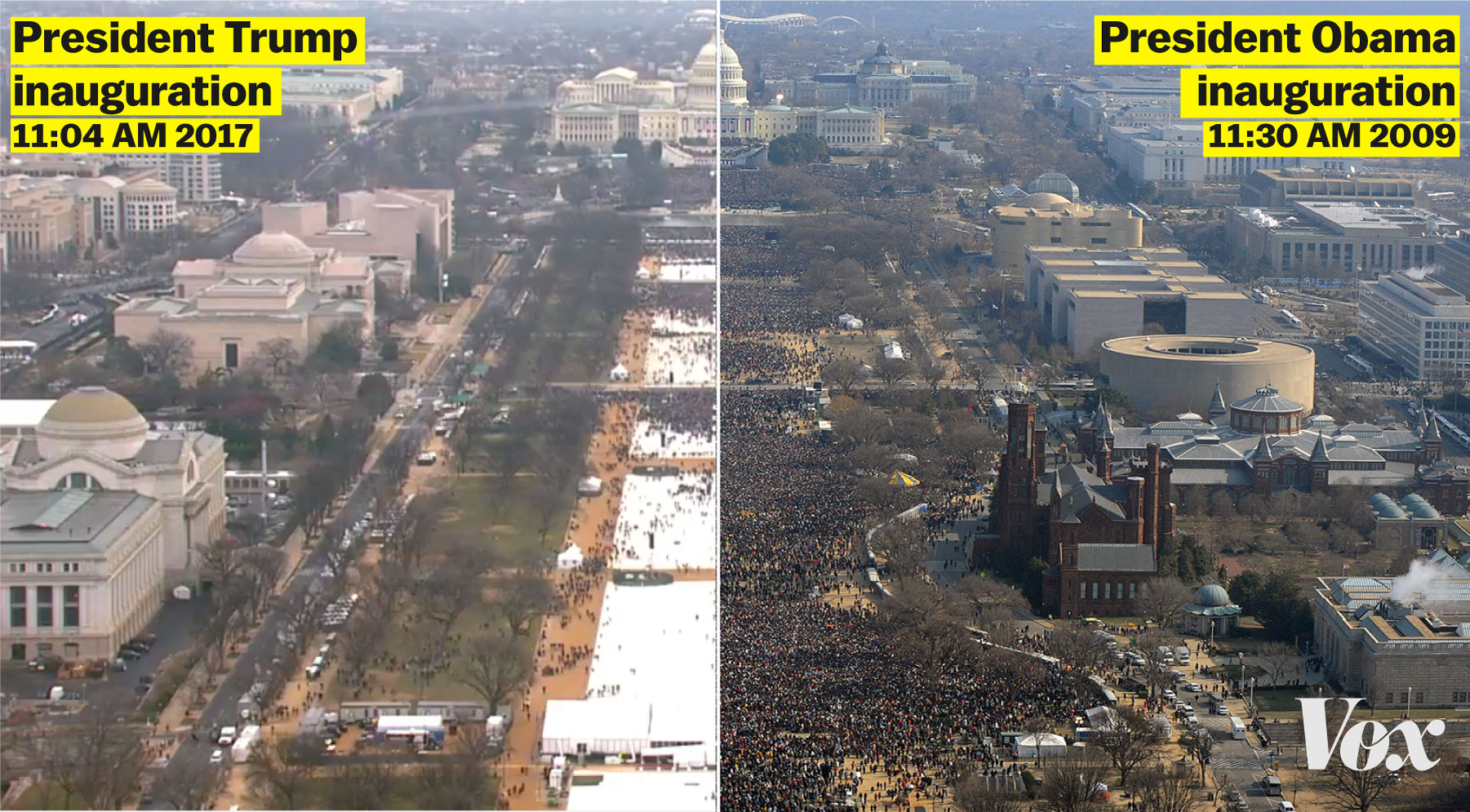 Composite photo comparing the crowds at the 2009 and 2017 inaugurations