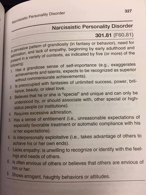 Book page describing the symptoms of narcissistic personality disorder
