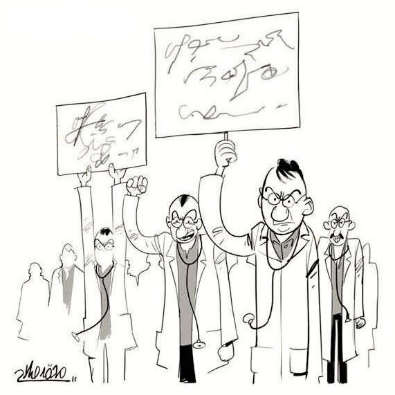 Cartoon showing doctors on strike, carrying illegible signs