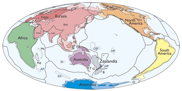 World map, showing the location of the lost Zealandia continent