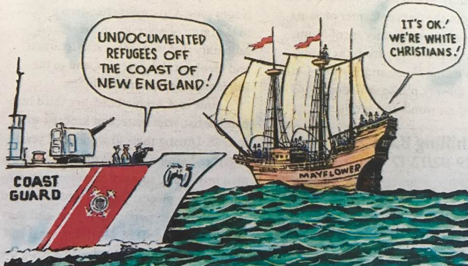 Cartoon, showing a Coast Guard boat approaching the Mayflower