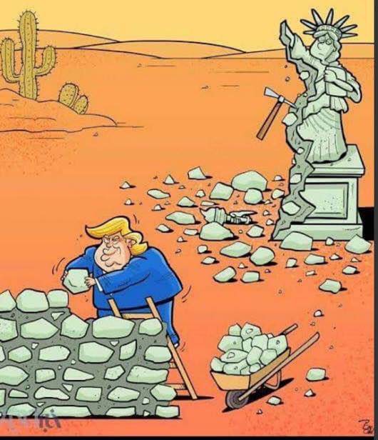 Cartoon showing Trump building a wall from pieces of Lady Liberty