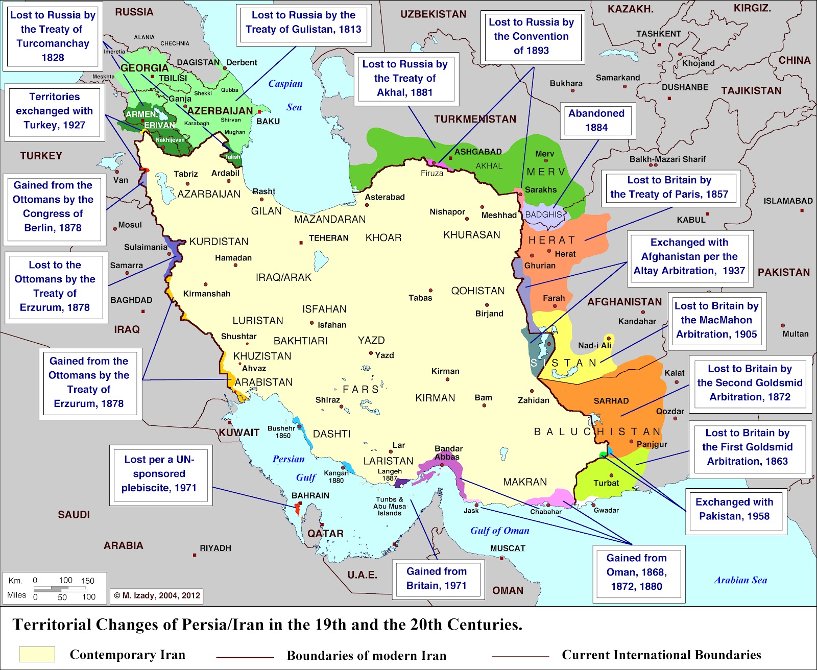 Map showing territories lost and gained by Iran over the past two centuries