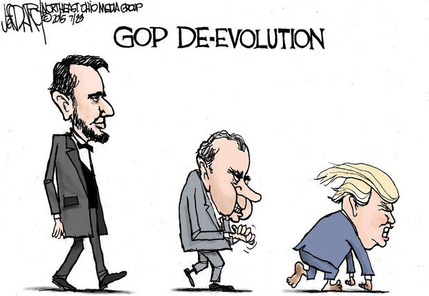 Cartoon showing the GOP devolution: Lincoln, Nixon, Trump