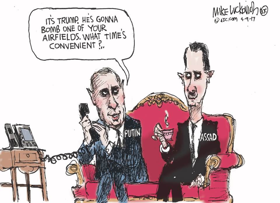 Cartoon, showing Putin talking with Bashar Assad while on the phone with Trump