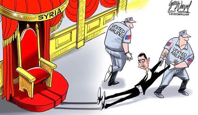 Cartoon showing United Airlines security personnel dragging Bashar Assad away