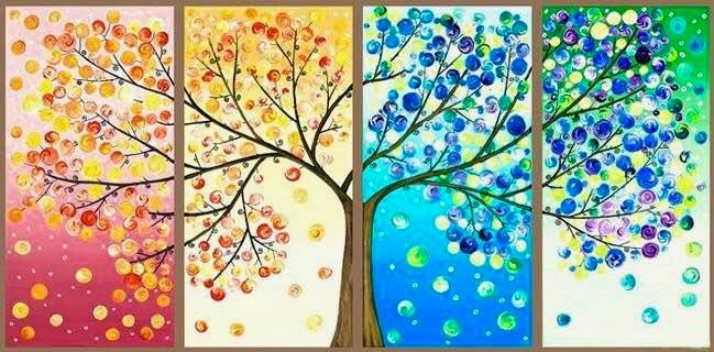 A tree, painted in four panels corresponding to the four seasons