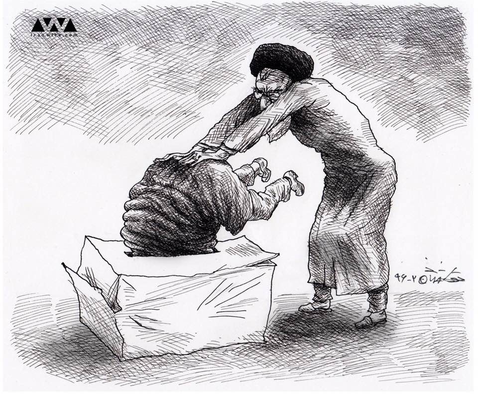 Cartoon showing Khamenei stuffing a man into the ballot box