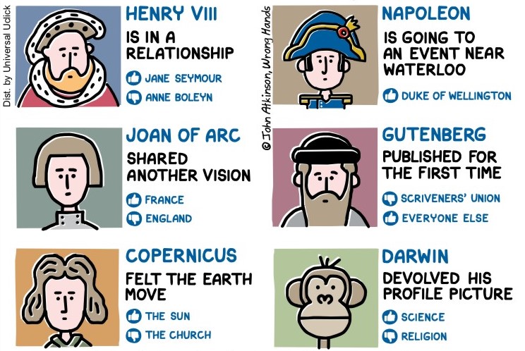 Cartoon about historical figures updating their Facebook statuses