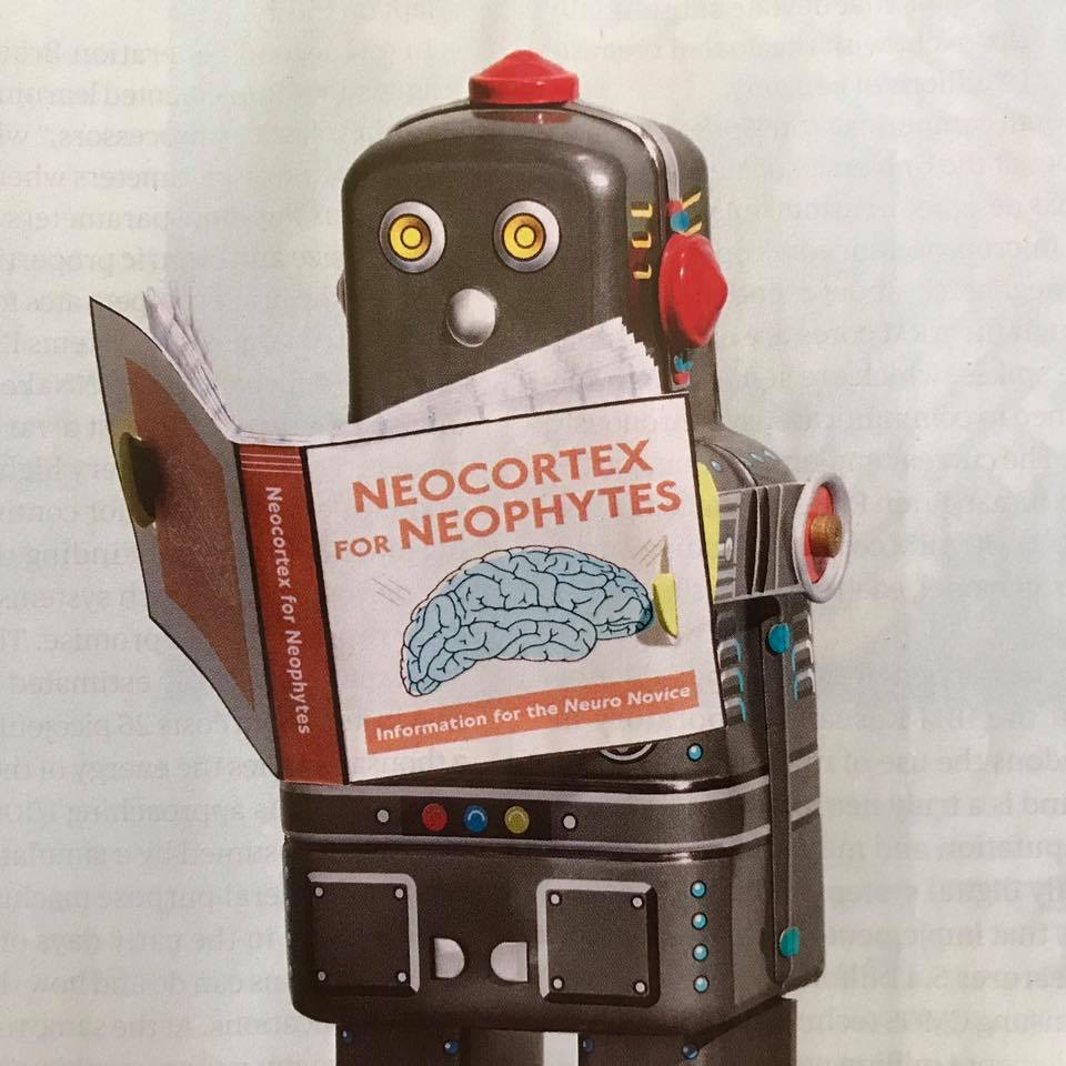 Image of a robot reading a hypothetical book 'Neocortex for Neophytes'