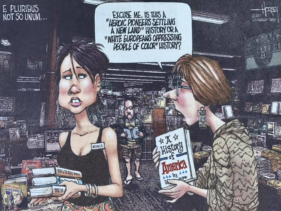 Cartoon showing a library patron asking a librarian about a US history book