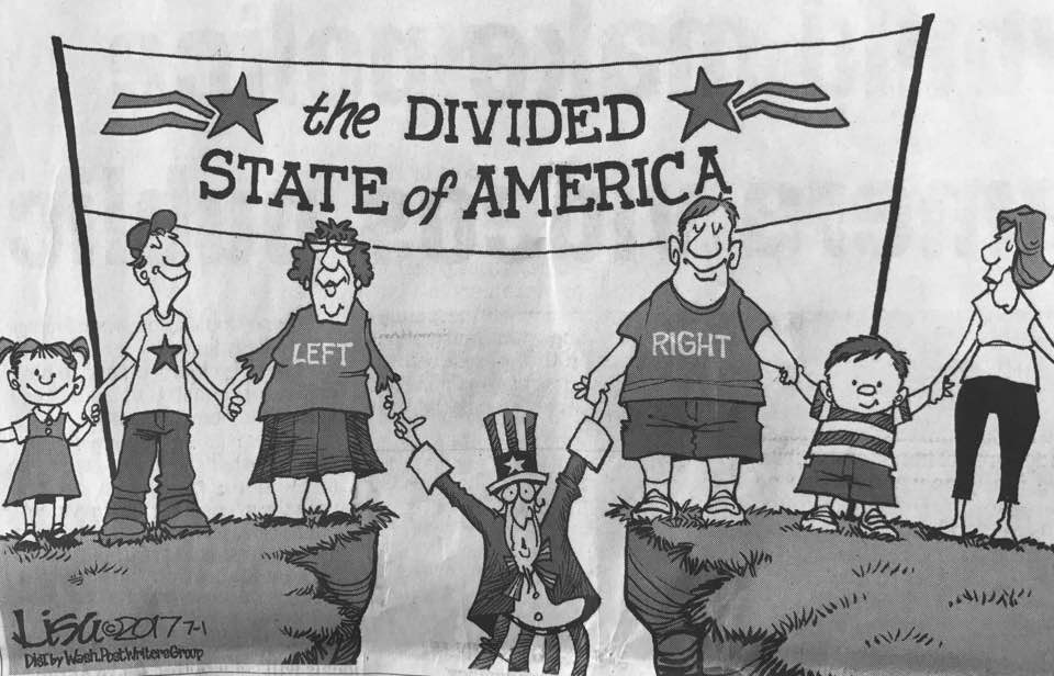 Cartoon showing the right and left holding Uncle Sam in a precarious position