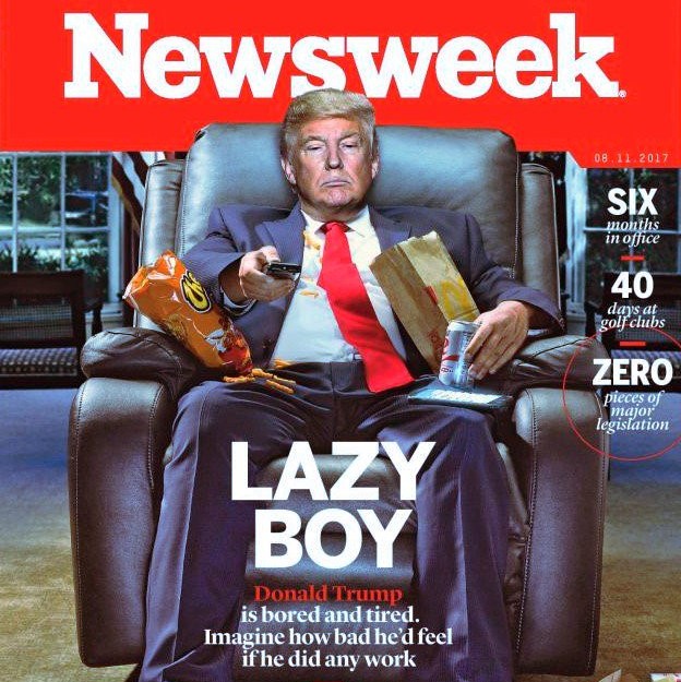 Newsweek magazine cover, showing Trump sitting on a Lazy Boy recliner