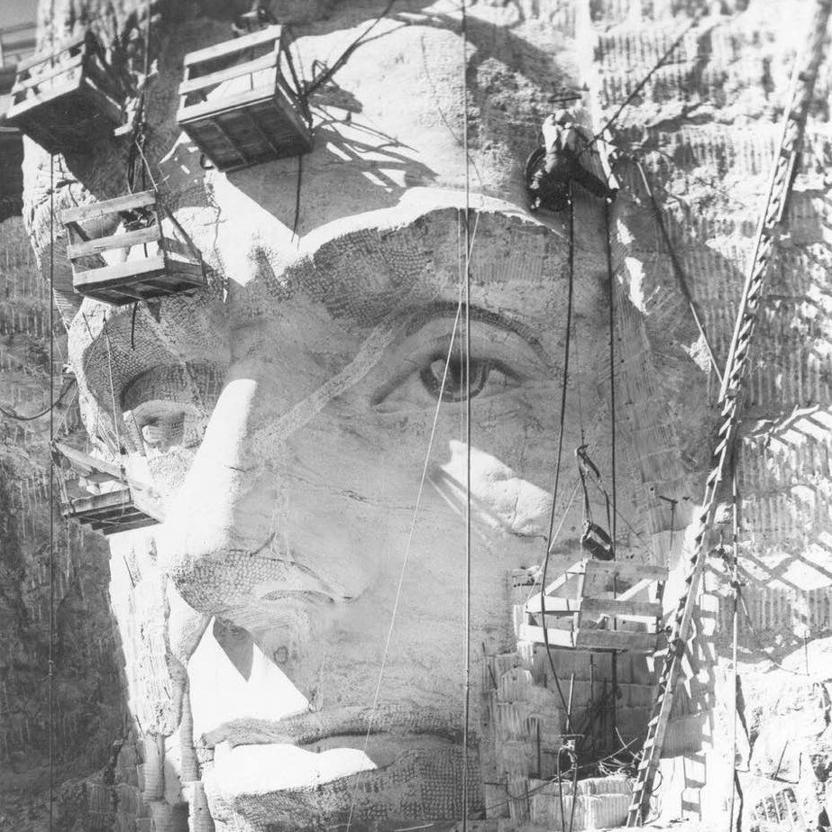 Abraham Lincoln's head under construction on Mt. Rushmore