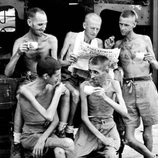 Former Australian prisoners of war, after they are freed from Japanese captivity in Singapore, 1945