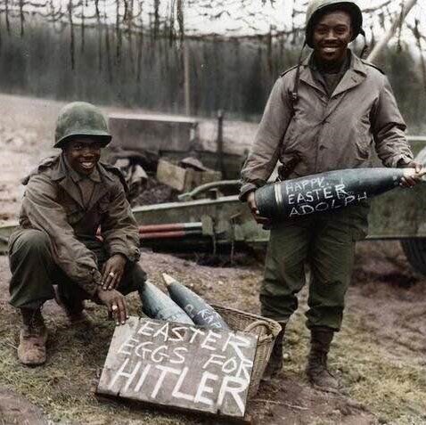 American soldiers show off their personalized Easter eggs, 1945