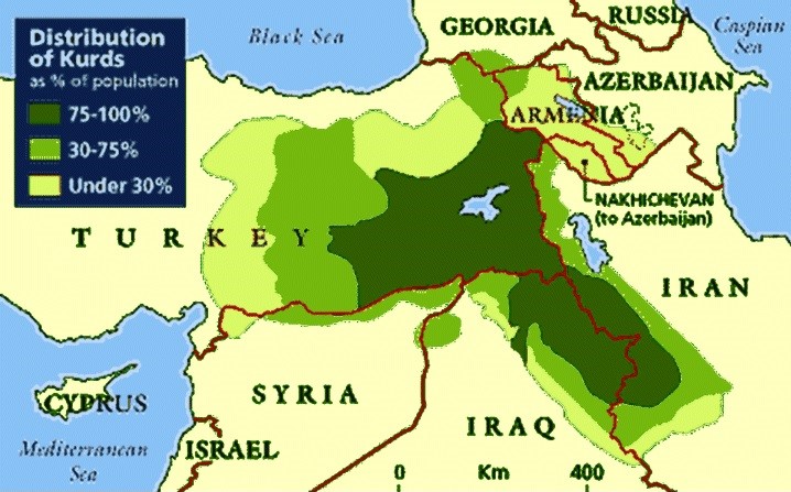 Map of Kurdish regions in the Middle East