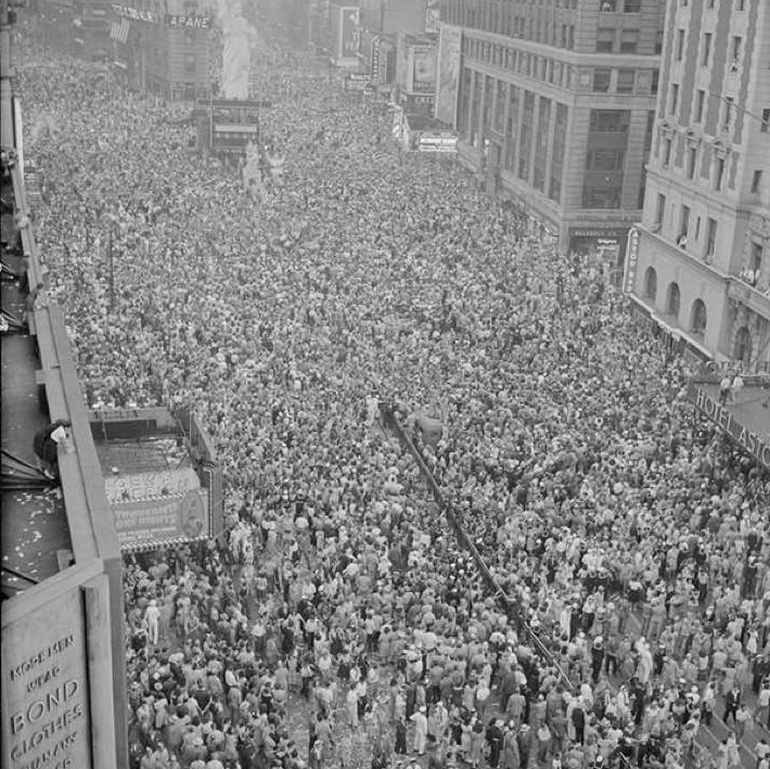 Two million people gathered in NYC's Times Square on May 8, 1945, to celebrate the end of World War II