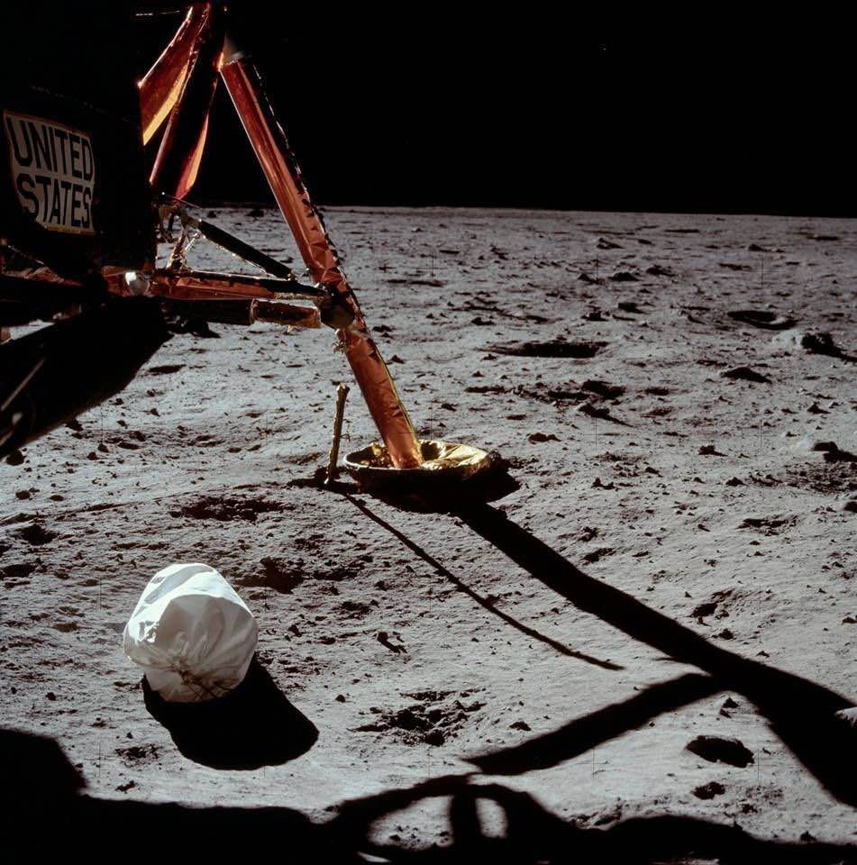The first photo taken on the surface of the moon by a human being (Neil Armstrong), 1969