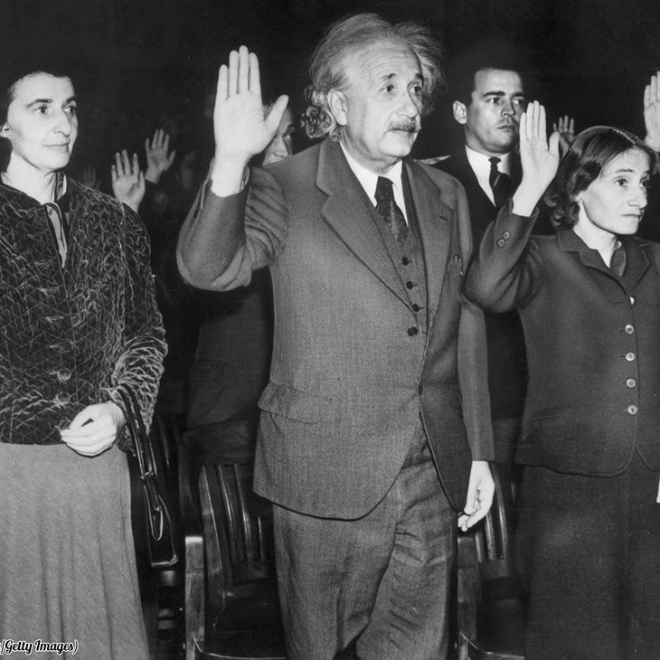 Albert Einstein, his secretary Helen (left), and daughter Margaret (right) becoming US citizens to avoid returning to Nazi Germany, 1940