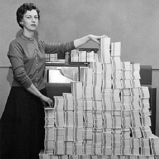About 4.5 megabytes of data on 62,500 punched cards, USA, 1955