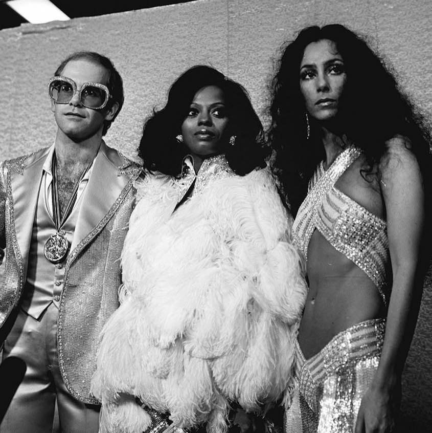 Elton John, Diana Ross, and Cher at the Rock Music Awards, 1975