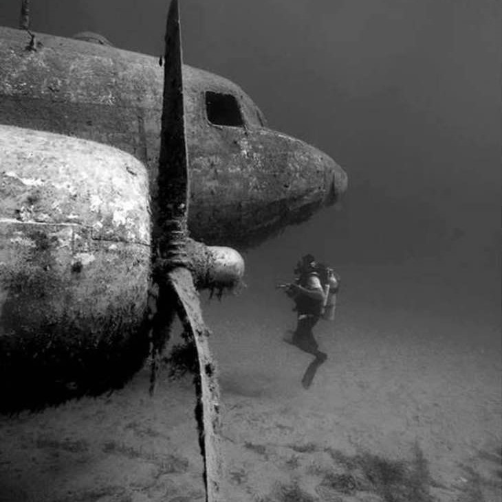 Diver examines an old sunken plane